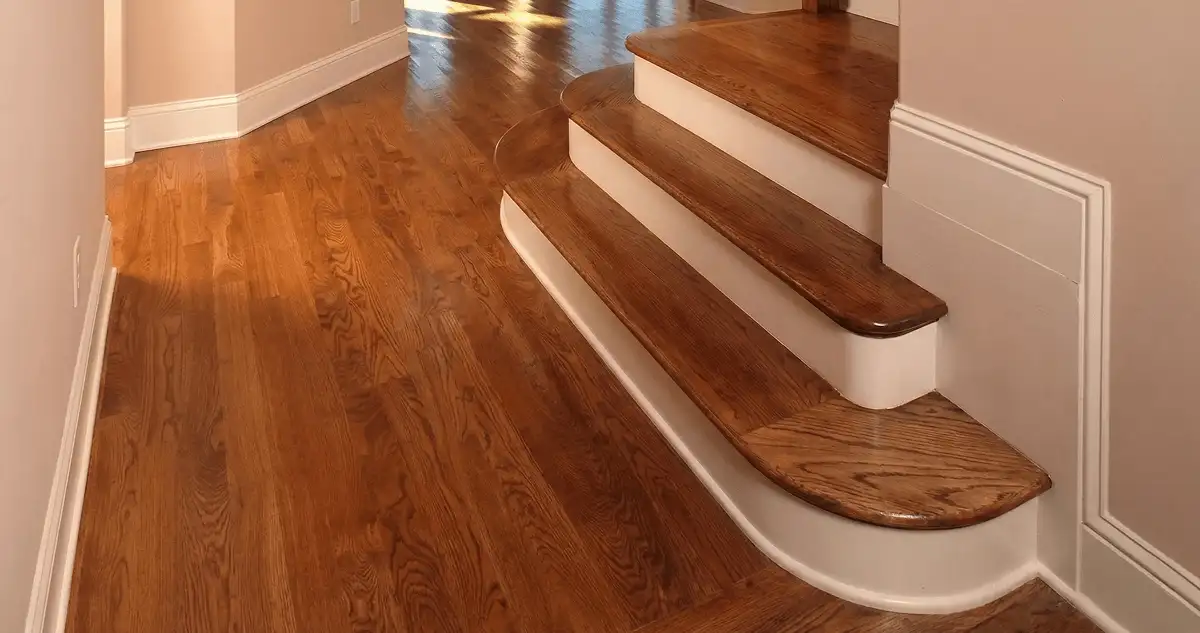 Base floor of a staircase with professionally restored wood flooring in Syracuse NY