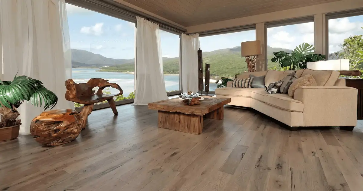 Professionally installed vinyl flooring in a modern living room with large windows in Syracuse, NY